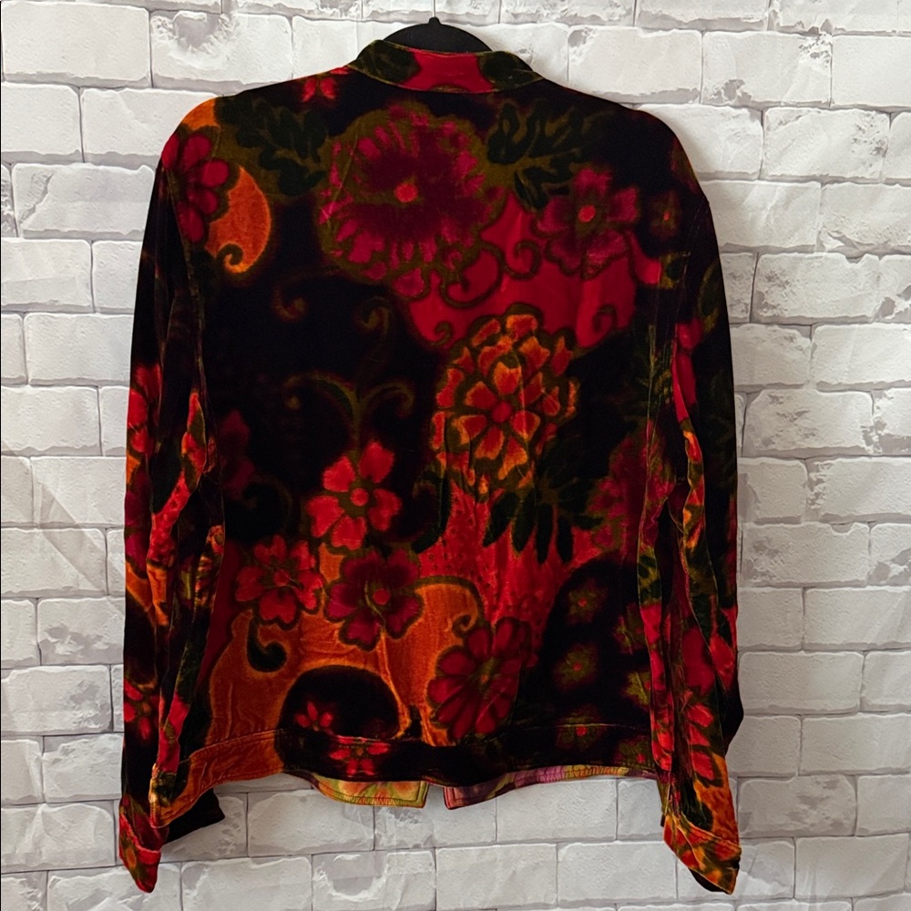 Chico's Red & Orange Floral Velvet Mandarin Button-Front Jacket - Picture 5 of 7
